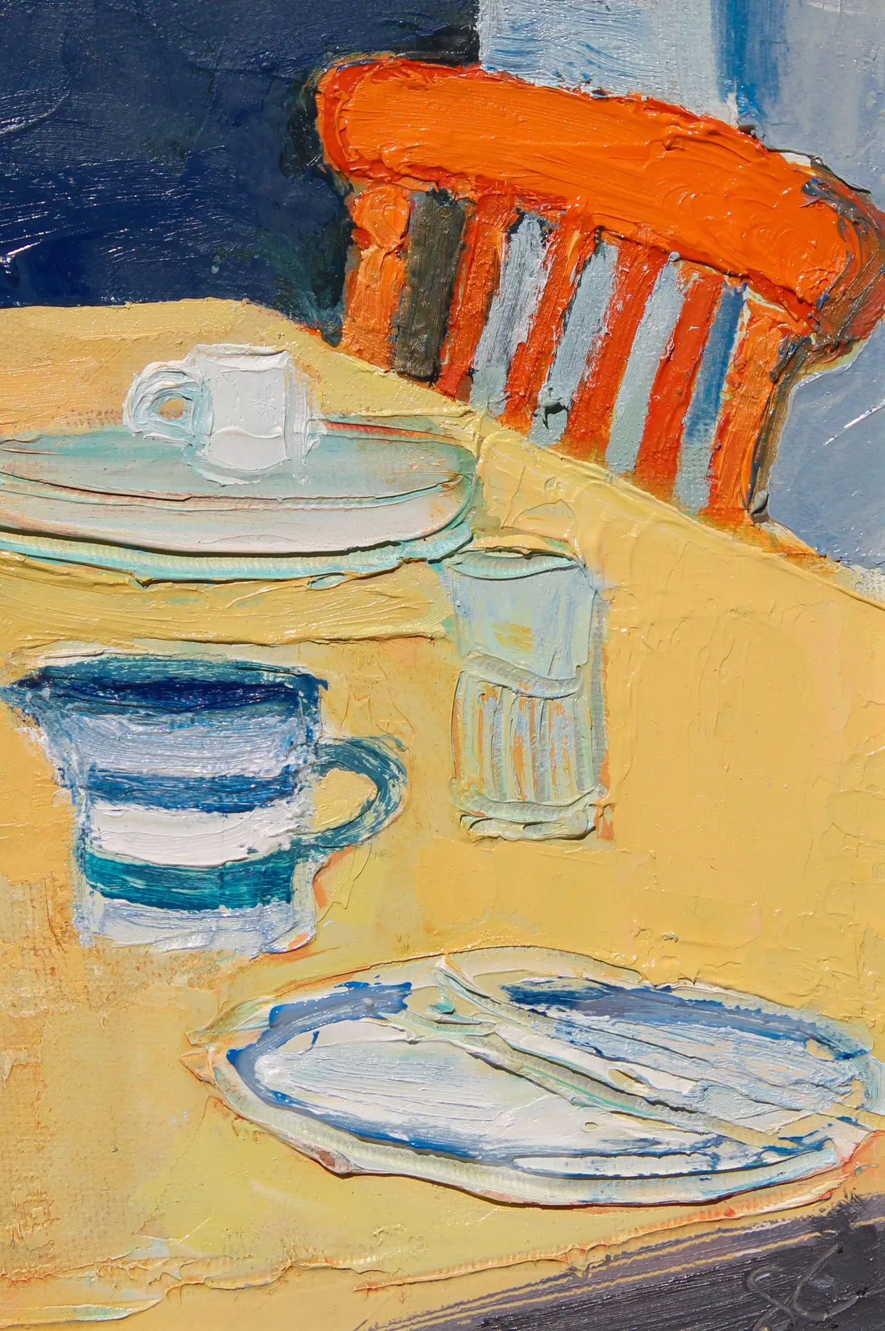 Sarah Carvell - breakfast, with orange chair