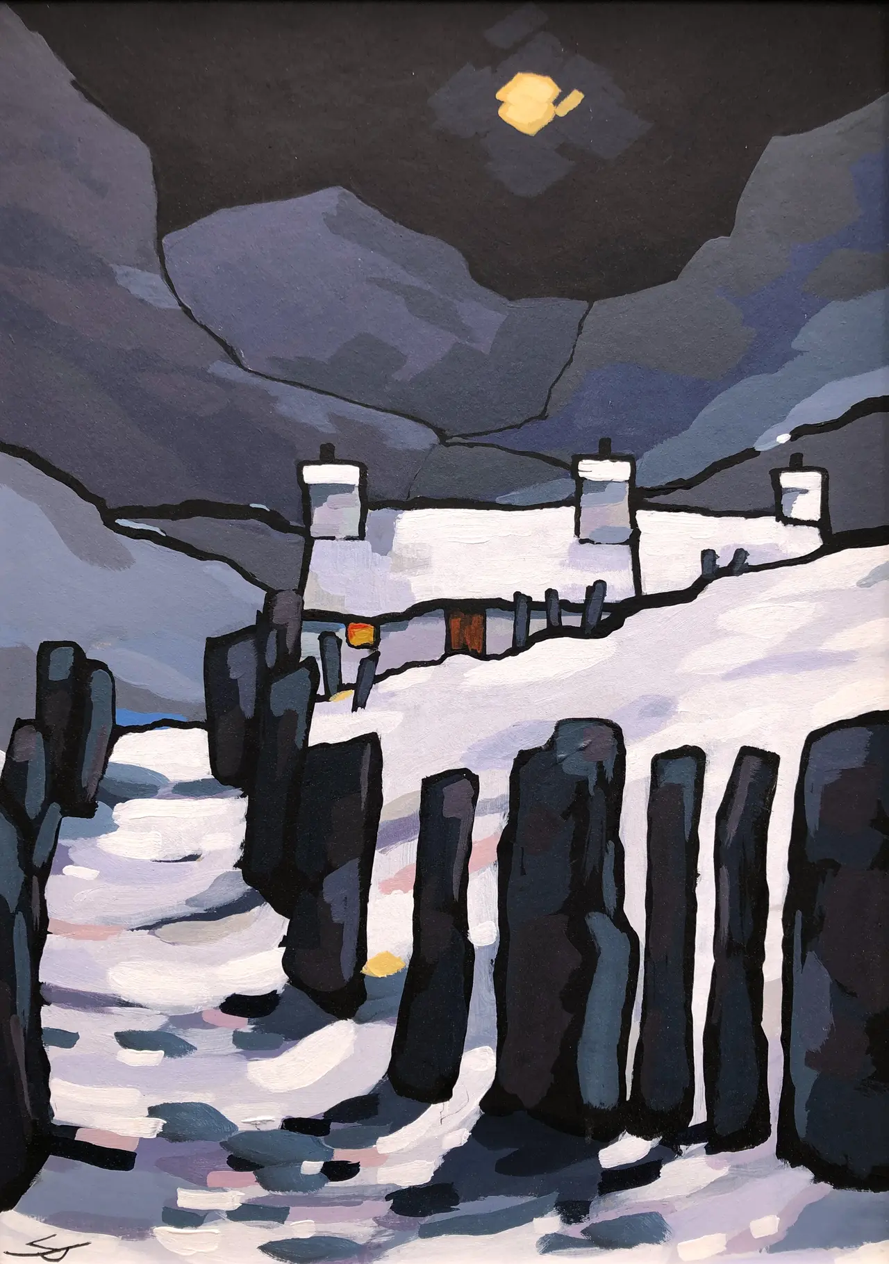 Stephen John Owen - winter cottage with slate fence - bwthyn a cromlech lechi