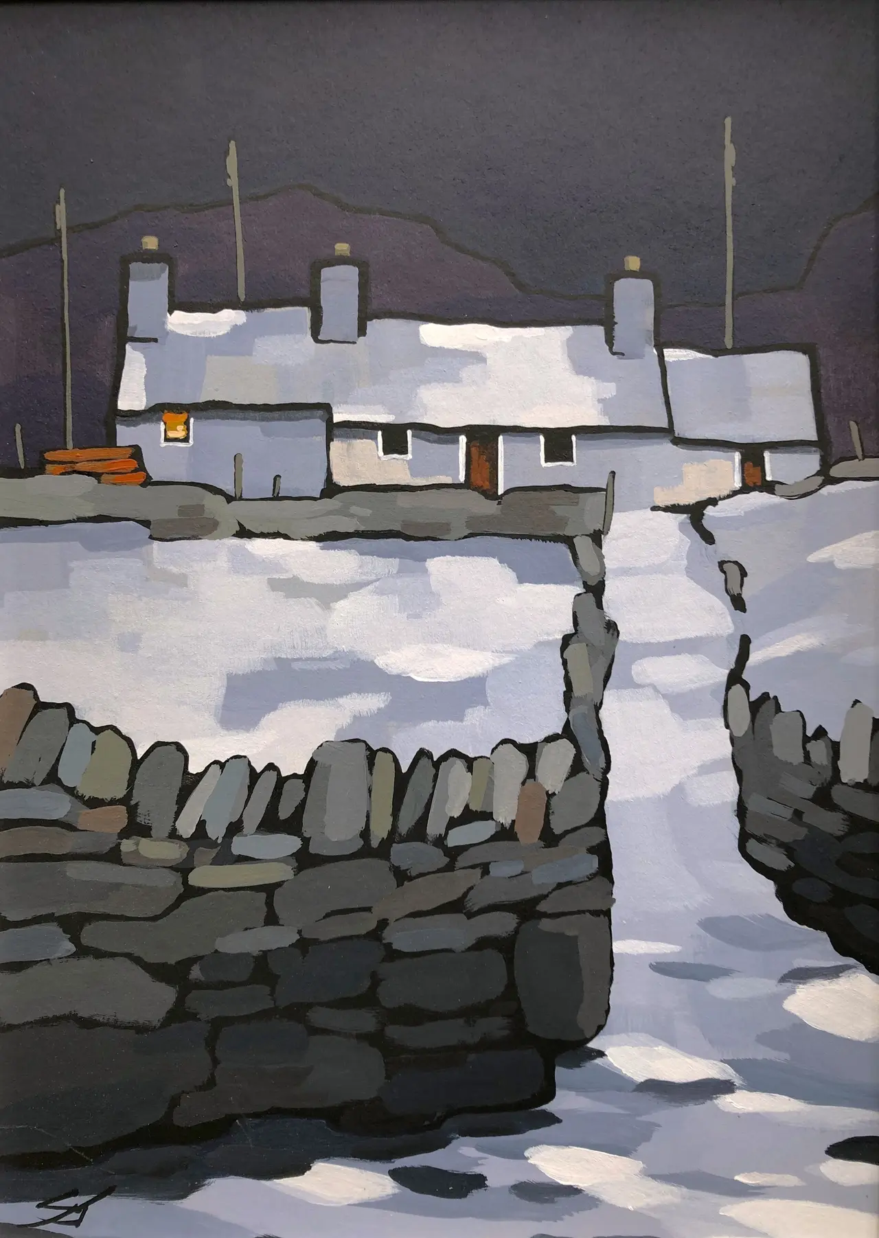 Stephen John Owen - winter cottage with stone wall - bwthyn a wal gerig