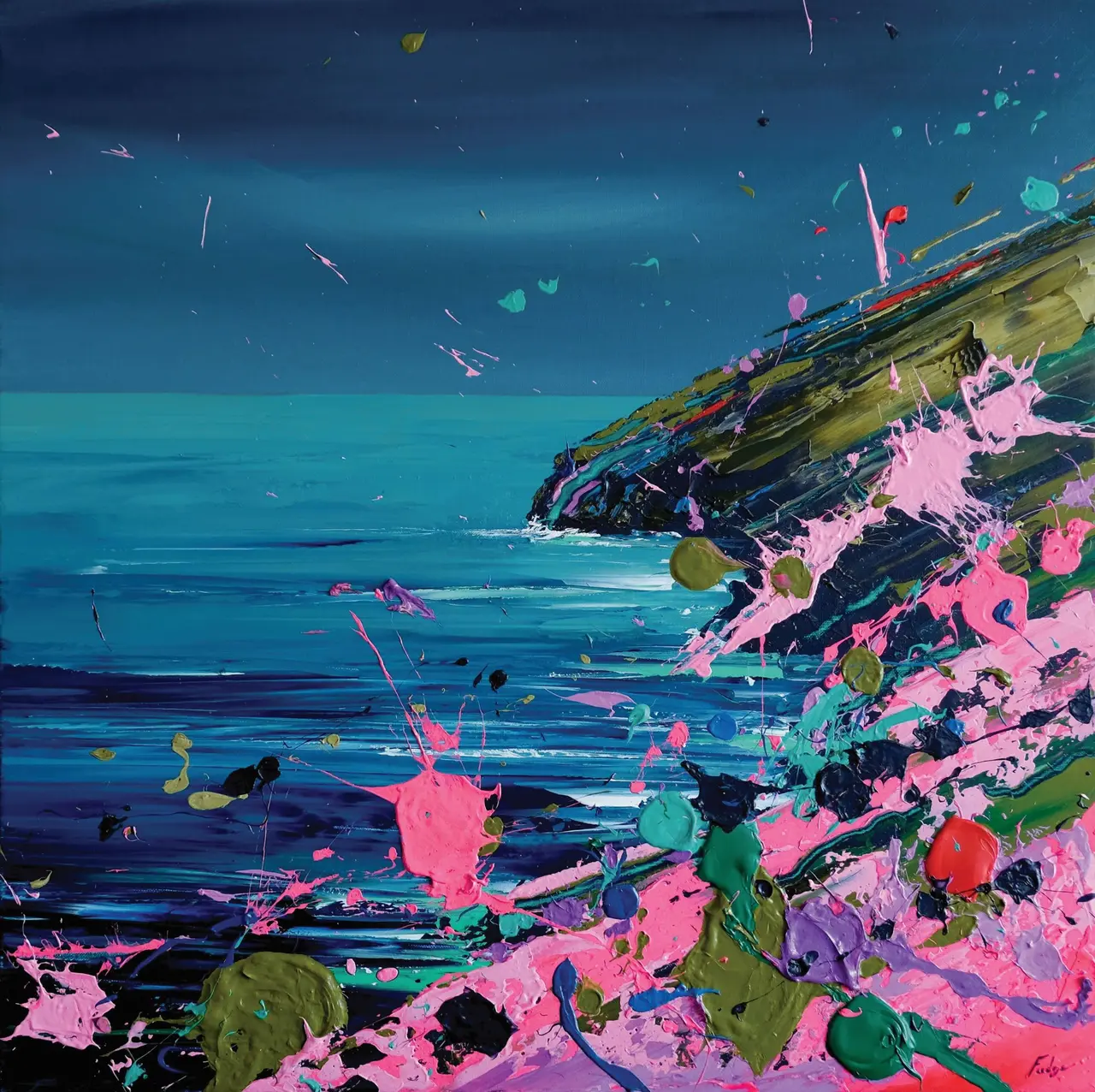 Tim Fudge - sea pinks on a dark day, pen caer