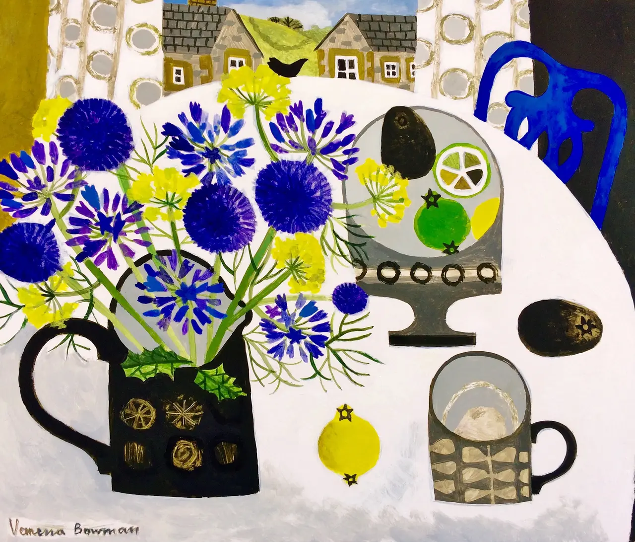 Vanessa Bowman - agapanthus, thistles and blue chair 