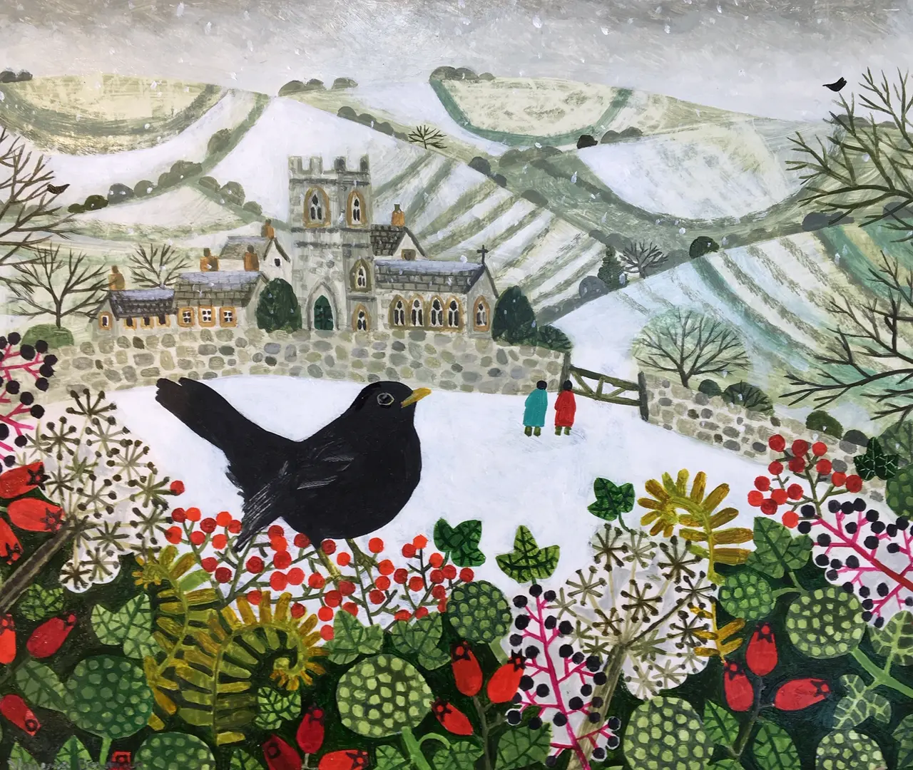 Vanessa Bowman - blackbird and snowy village
