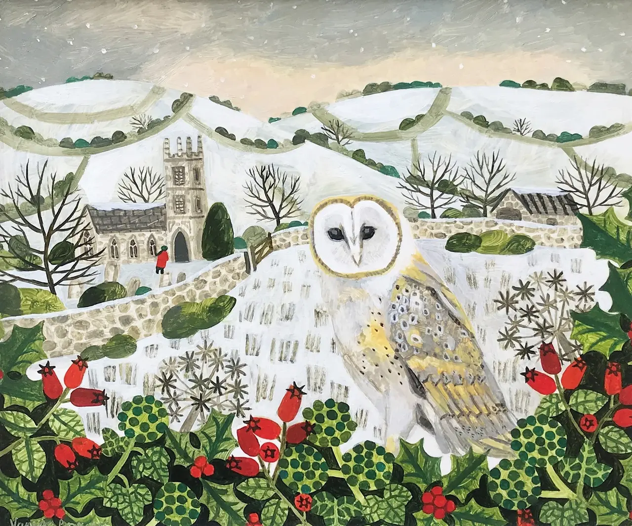 Vanessa Bowman - barn owl and snowy hillside