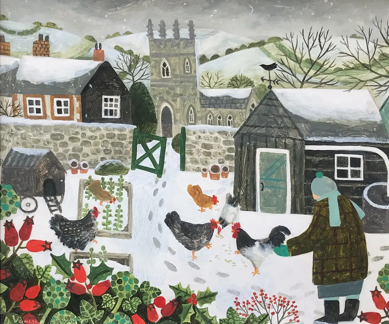 Vanessa Bowman - feeding the hens