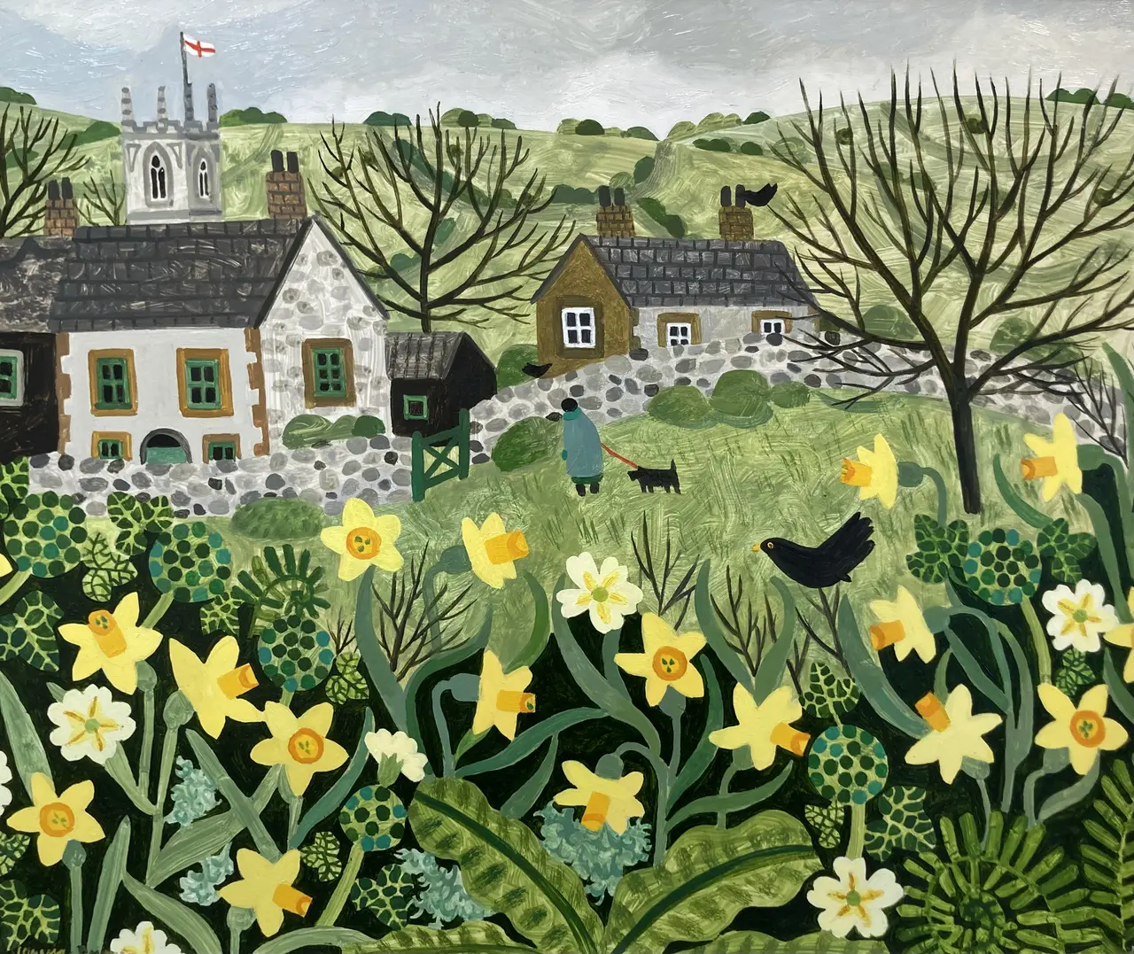 Vanessa Bowman - spring daffodils and dogwalker
