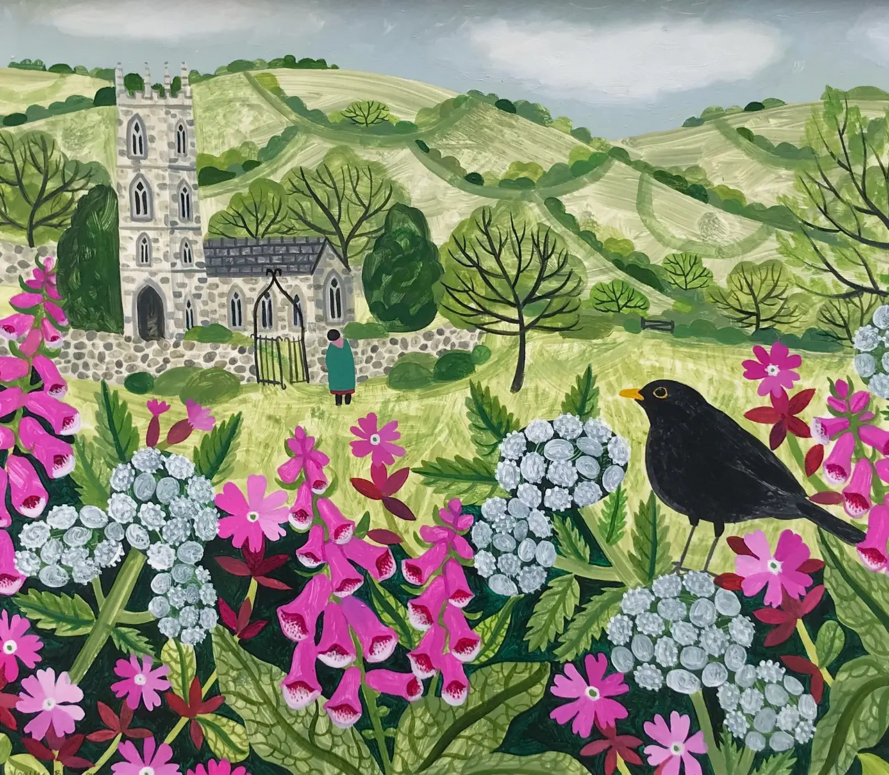 Vanessa Bowman - blackbird and foxgloves