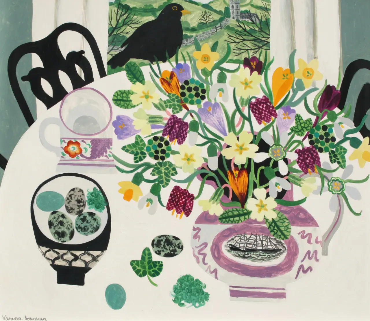 Vanessa Bowman - blackbird and spring flowers