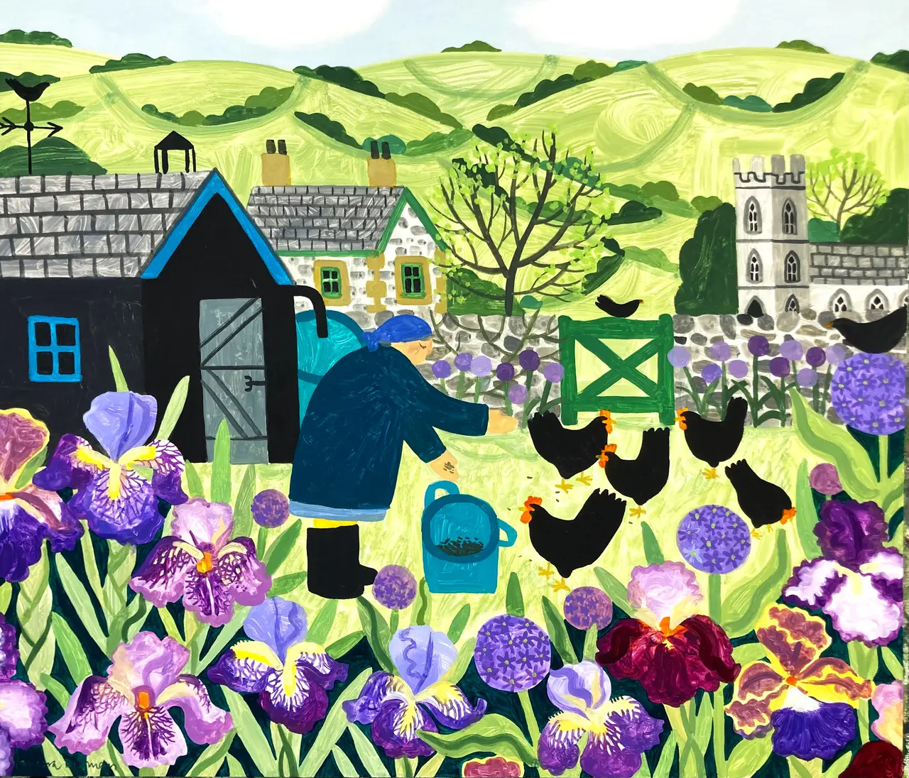 Vanessa Bowman - hens and spring irises