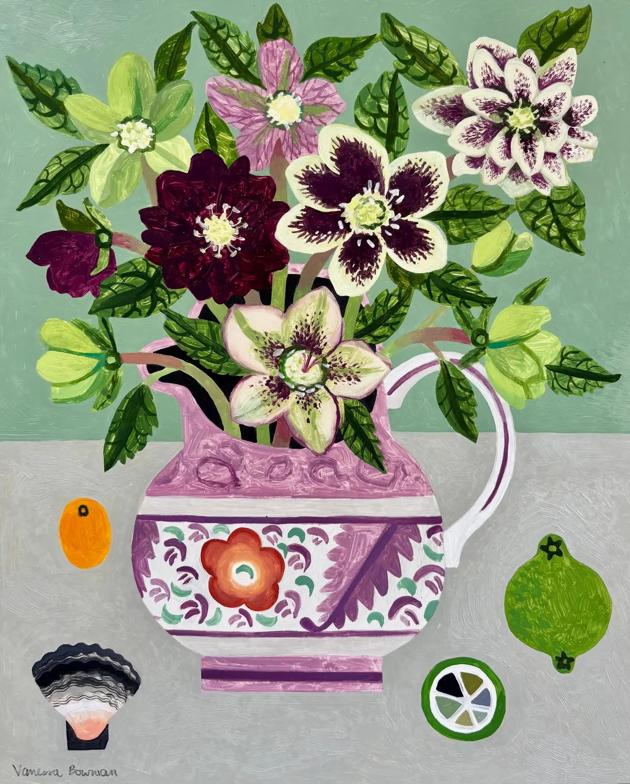 Vanessa Bowman - hellebores in lustreware jug