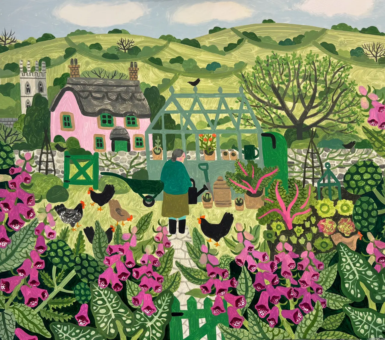 Vanessa Bowman - foxgloves and hens