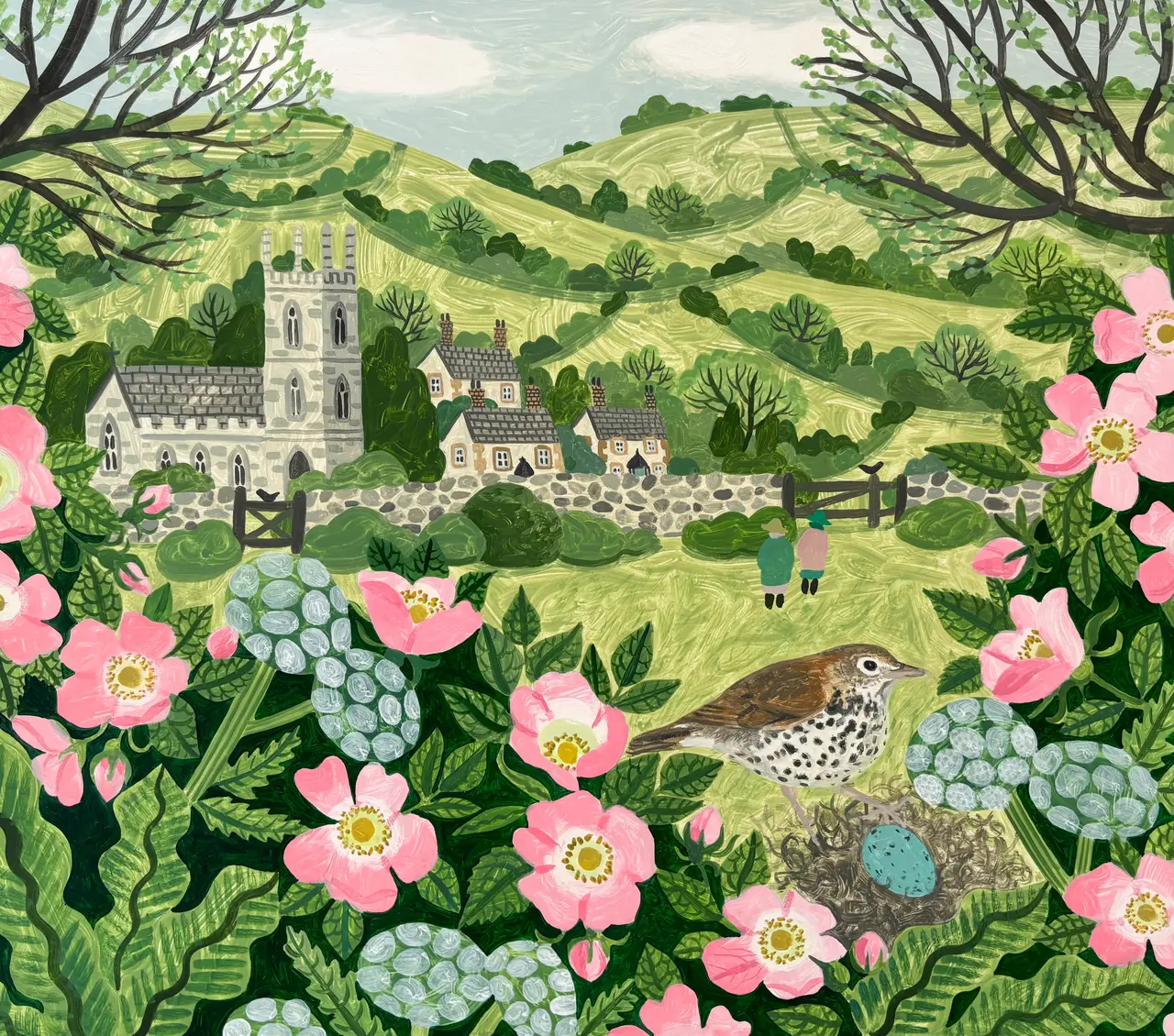 Vanessa Bowman - song thrush and dog roses