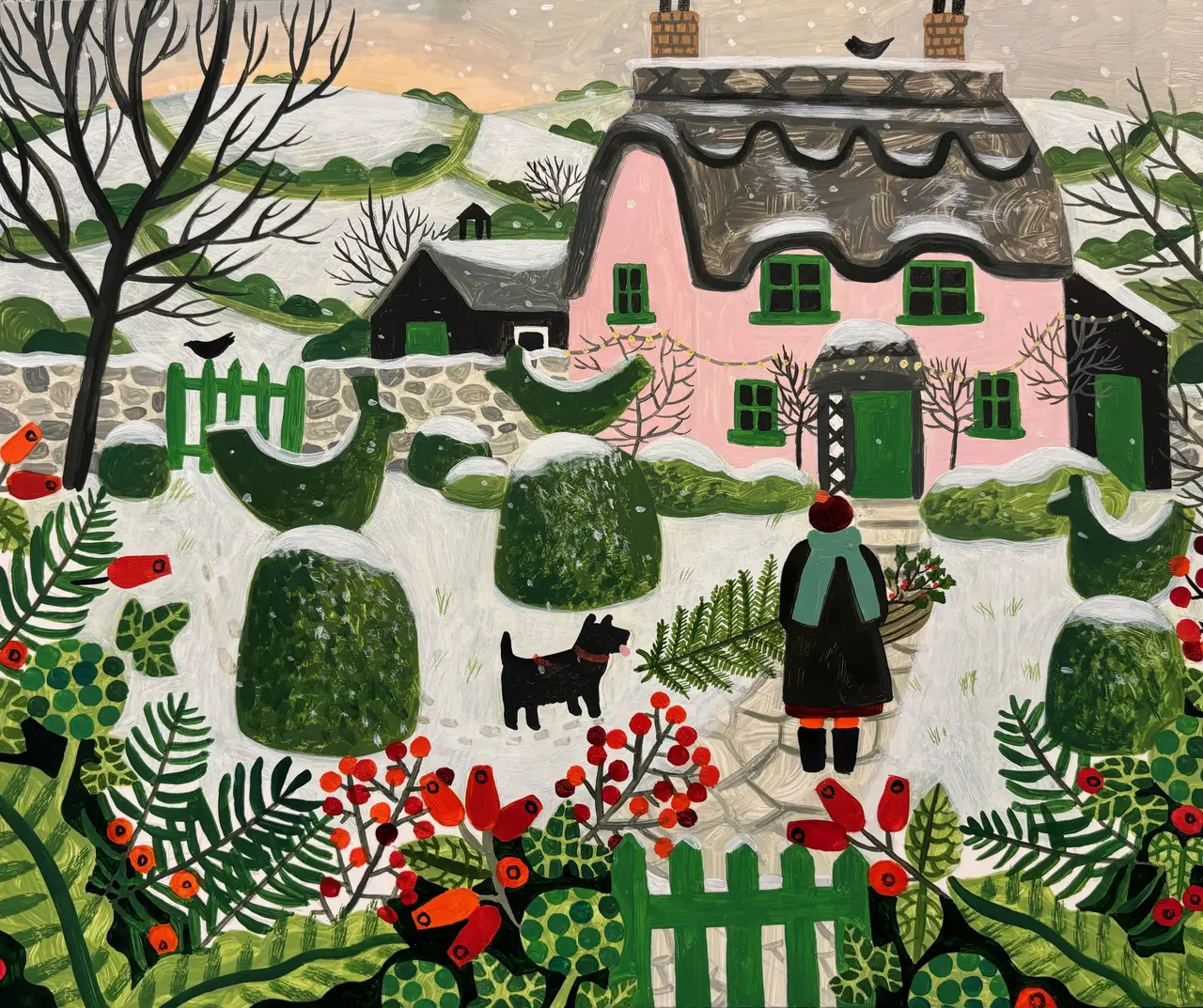 Vanessa Bowman - pink cottage and snowy topiary