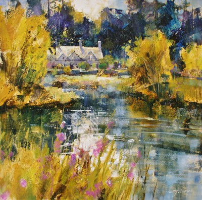British Artist Chris FORSEY - Bibury Cottages, Spring Sunshine