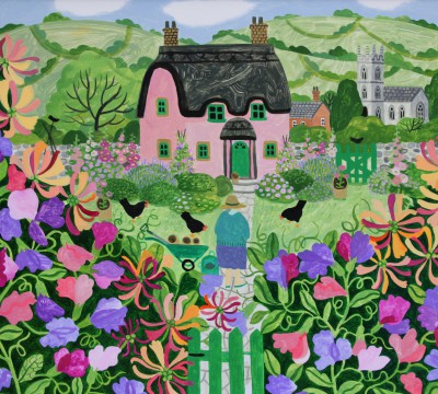 British Artist Vanessa BOWMAN - Pink Cottage and Sweetpeas