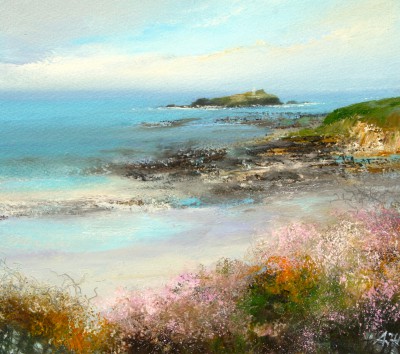 British Artist Amanda HOSKIN - Sea Pinks at Gwithian, Looking Towards Godrevy Lighthouse